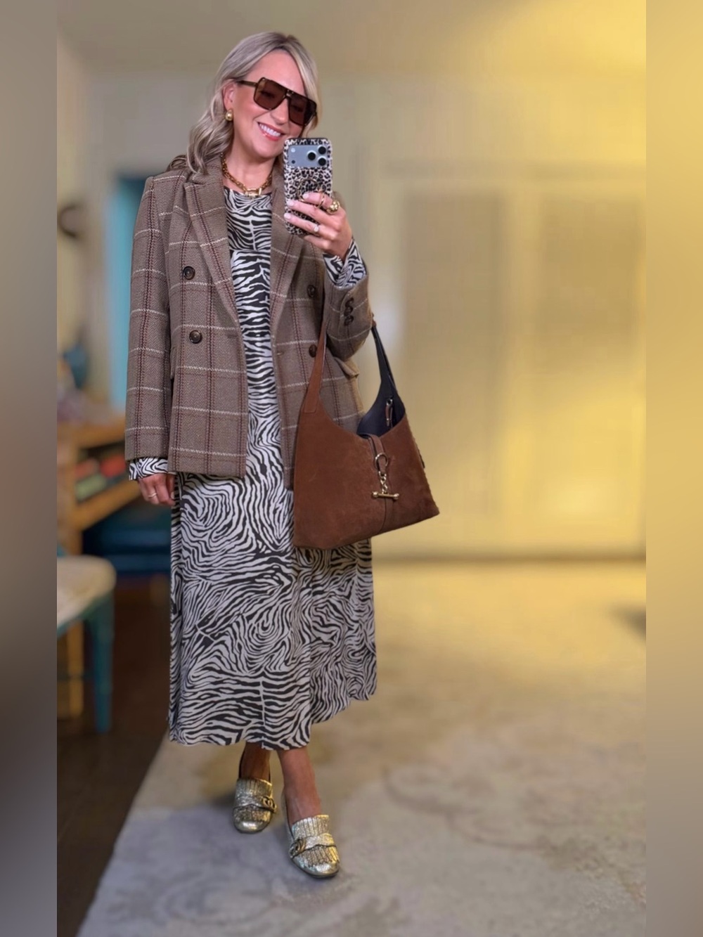 Samsoe Zebra-Print Long Sleeve A-Line Dress